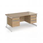 Contract 25 straight desk with 2 and 3 drawer pedestals and white cantilever leg 1600mm x 800mm - kendal oak top CC16S23-WH-KO