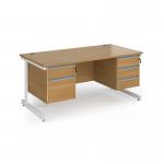 Contract 25 straight desk with 2 and 3 drawer pedestals and white cantilever leg 1600mm x 800mm - oak top CC16S23-WH-O