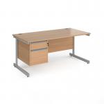 Contract 25 straight desk with 2 drawer pedestal and silver cantilever leg 1600mm x 800mm - beech top CC16S2-S-B