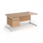 Contract 25 straight desk with 2 drawer pedestal and white cantilever leg 1600mm x 800mm - beech top CC16S2-WH-B