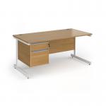 Contract 25 straight desk with 2 drawer pedestal and white cantilever leg 1600mm x 800mm - oak top CC16S2-WH-O