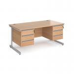 Contract 25 straight desk with 3 and 3 drawer pedestals and silver cantilever leg 1600mm x 800mm - beech top CC16S33-S-B