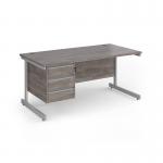 Contract 25 straight desk with 3 drawer pedestal and silver cantilever leg 1600mm x 800mm - grey oak top CC16S3-S-GO