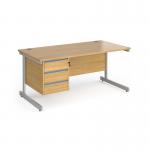 Contract 25 straight desk with 3 drawer pedestal and silver cantilever leg 1600mm x 800mm - oak top CC16S3-S-O