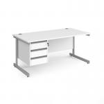 Contract 25 straight desk with 3 drawer pedestal and silver cantilever leg 1600mm x 800mm - white top CC16S3-S-WH