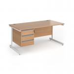 Contract 25 straight desk with 3 drawer pedestal and white cantilever leg 1600mm x 800mm - beech top CC16S3-WH-B