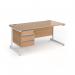 Contract 25 straight desk with 3 drawer pedestal and white cantilever leg 1600mm x 800mm - beech top CC16S3-WH-B