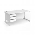 Contract 25 straight desk with 3 drawer pedestal and white cantilever leg 1600mm x 800mm - white top CC16S3-WH-WH
