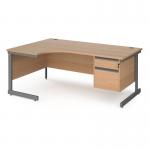 Contract 25 left hand ergonomic desk with 2 drawer pedestal and graphite cantilever leg 1800mm - beech top