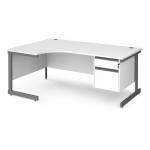 Contract 25 left hand ergonomic desk with 2 drawer pedestal and graphite cantilever leg 1800mm - white top