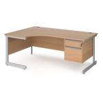 Contract 25 left hand ergonomic desk with 2 drawer pedestal and silver cantilever leg 1800mm - beech top