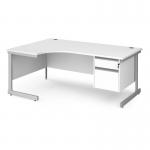 Contract 25 left hand ergonomic desk with 2 drawer pedestal and silver cantilever leg 1800mm - white top