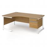 Contract 25 left hand ergonomic desk with 2 drawer pedestal and white cantilever leg 1800mm - oak top CC18EL2-WH-O