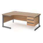 Contract 25 left hand ergonomic desk with 3 drawer pedestal and graphite cantilever leg 1800mm - beech top