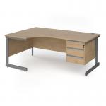 Contract 25 left hand ergonomic desk with 3 drawer pedestal and graphite cantilever leg 1800mm - kendal oak top CC18EL3-G-KO