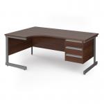 Contract 25 left hand ergonomic desk with 3 drawer pedestal and graphite cantilever leg 1800mm - walnut top CC18EL3-G-W