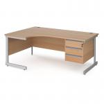 Contract 25 left hand ergonomic desk with 3 drawer pedestal and silver cantilever leg 1800mm - beech top