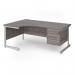 Contract 25 left hand ergonomic desk with 3 drawer pedestal and silver cantilever leg 1800mm - grey oak top CC18EL3-S-GO