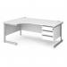 Contract 25 left hand ergonomic desk with 3 drawer pedestal and silver cantilever leg 1800mm - white top CC18EL3-S-WH