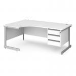 Contract 25 left hand ergonomic desk with 3 drawer pedestal and silver cantilever leg 1800mm - white top