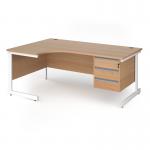 Contract 25 left hand ergonomic desk with 3 drawer pedestal and white cantilever leg 1800mm - beech top CC18EL3-WH-B