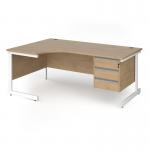 Contract 25 left hand ergonomic desk with 3 drawer pedestal and white cantilever leg 1800mm - kendal oak top CC18EL3-WH-KO