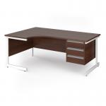 Contract 25 left hand ergonomic desk with 3 drawer pedestal and white cantilever leg 1800mm - walnut top CC18EL3-WH-W