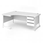 Contract 25 left hand ergonomic desk with 3 drawer pedestal and white cantilever leg 1800mm - white top CC18EL3-WH-WH