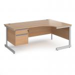 Contract 25 right hand ergonomic desk with 2 drawer pedestal and silver cantilever leg 1800mm - beech top CC18ER2-S-B