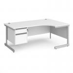 Contract 25 right hand ergonomic desk with 2 drawer pedestal and silver cantilever leg 1800mm - white top CC18ER2-S-WH