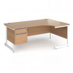 Contract 25 right hand ergonomic desk with 2 drawer pedestal and white cantilever leg 1800mm - beech top CC18ER2-WH-B