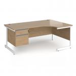 Contract 25 right hand ergonomic desk with 2 drawer pedestal and white cantilever leg 1800mm - kendal oak top CC18ER2-WH-KO