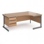Contract 25 right hand ergonomic desk with 3 drawer pedestal and graphite cantilever leg 1800mm - beech top