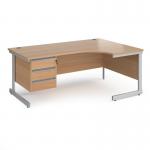 Contract 25 right hand ergonomic desk with 3 drawer pedestal and silver cantilever leg 1800mm - beech top CC18ER3-S-B