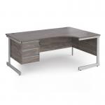 Contract 25 right hand ergonomic desk with 3 drawer pedestal and silver cantilever leg 1800mm - grey oak top CC18ER3-S-GO