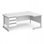 Contract 25 right hand ergonomic desk with 3 drawer pedestal and silver cantilever leg 1800mm - white top CC18ER3-S-WH
