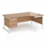 Contract 25 right hand ergonomic desk with 3 drawer pedestal and white cantilever leg 1800mm - beech top CC18ER3-WH-B