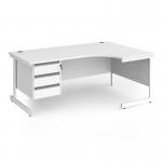 Contract 25 right hand ergonomic desk with 3 drawer pedestal and white cantilever leg 1800mm - white top CC18ER3-WH-WH