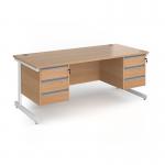 Contract 25 straight desk with 3 and 3 drawer pedestals and white cantilever leg 1800mm x 800mm - beech top CC18S33-WH-B
