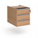 This image features a beech fixed pedestal unit with three drawers and silver finger pull handles. The top drawer is slightly taller than the bottom two drawers, giving the unit a sleek and modern look. The wood grain adds a touch of warmth to the overall design.