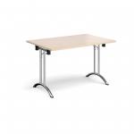 Rectangular folding leg table with chrome legs and curved foot rails 1200mm x 800mm - maple