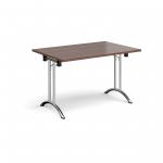 Rectangular folding leg table with chrome legs and curved foot rails 1200mm x 800mm - walnut