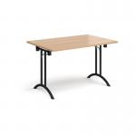 Rectangular folding leg table with black legs and curved foot rails 1200mm x 800mm - beech