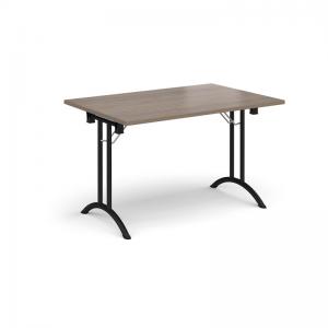 Rectangular folding leg table with black legs and curved foot rails