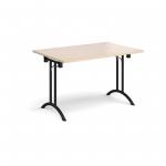 Rectangular folding leg table with black legs and curved foot rails 1200mm x 800mm - maple