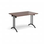 Rectangular folding leg table with black legs and curved foot rails 1200mm x 800mm - walnut