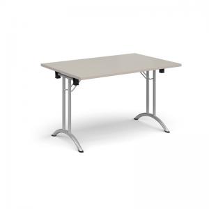 Rectangular folding leg table with silver legs and curved foot rails