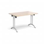 Rectangular folding leg table with silver legs and curved foot rails 1200mm x 800mm - maple
