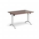 Rectangular folding leg table with silver legs and curved foot rails 1200mm x 800mm - walnut