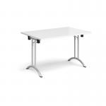 Rectangular folding leg table with silver legs and curved foot rails 1200mm x 800mm - white